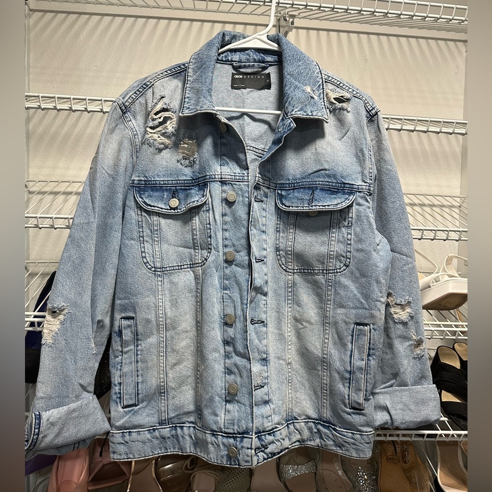 Asos Design Mens Jean Jacket Blue Button Pockets Light Wash Distressed